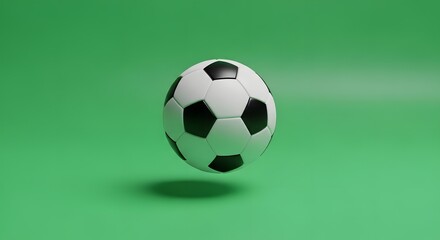 A classic black and white soccer ball resting on a vibrant green background with soft shadows highlighting its spherical shape