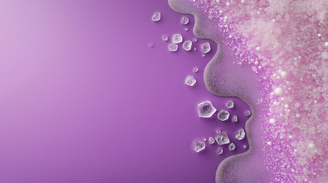On a purple background, an abstract wavy ice shape and small ice crystals.