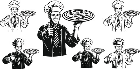 Illustrations of chefs holding pizza with thumbs up gesture