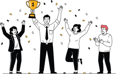 People celebrating with trophy and confetti in line art style
