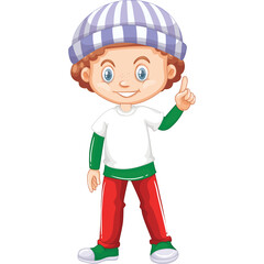 Young Boy With Curly Red Hair Wearing A Striped Blue And White Beanie White T Shirt Green Long Sleeves Red Pants And White Shoes Points Finger Up With A Smile