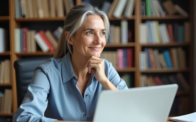 Happy cheerful senior business lady thinking of project future vision at workplace with laptop. Thoughtful mature student woman pondering on learning tasks in library, enjoying studying. High quality