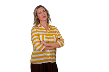 Confident blonde woman in striped shirt standing with arms crossed, smiling, leadership, success, transparent background