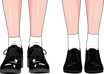 Illustration of legs with white socks and black shiny shoes