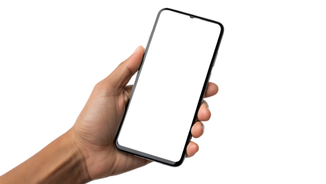 Photorealistic hand, holding a modern smartphone with a blank white screen, cutout, PNG isolated on transparent background