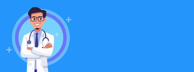 Medical health care banner vector illustration. healthcare and medical blue banner with doctor.