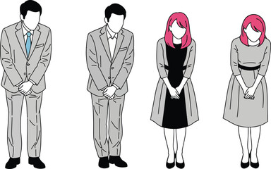 Four people bowing in formal attire on a white background