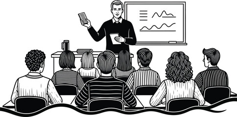 Illustration of a teacher lecturing to a class of students