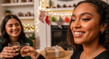 Joyful young woman smiling while toasting with friend at festive Christmas gathering with gifts and twinkling lights in living room