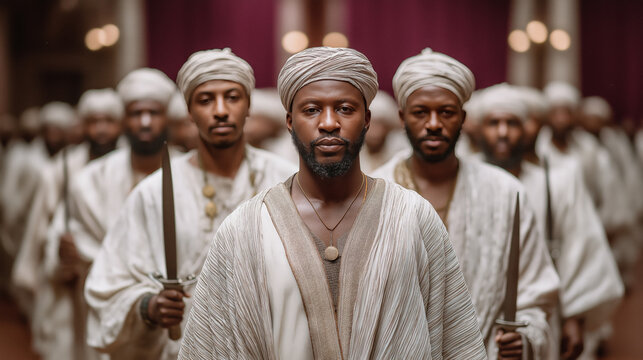 African men in traditional attire with swords in ceremonial gathering