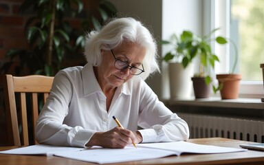 Elderly woman writer in white working on new article. High quality