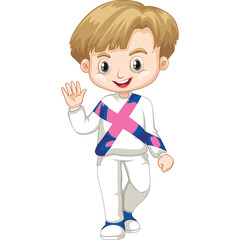Cartoon Boy With Blond Hair Waving Hand Wearing White Tracksuit With Pink and Blue X Mark Across Chest and Legs Isolated On White Background