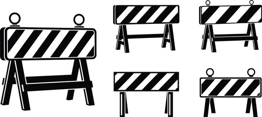 Illustration of five black and white striped road barriers
