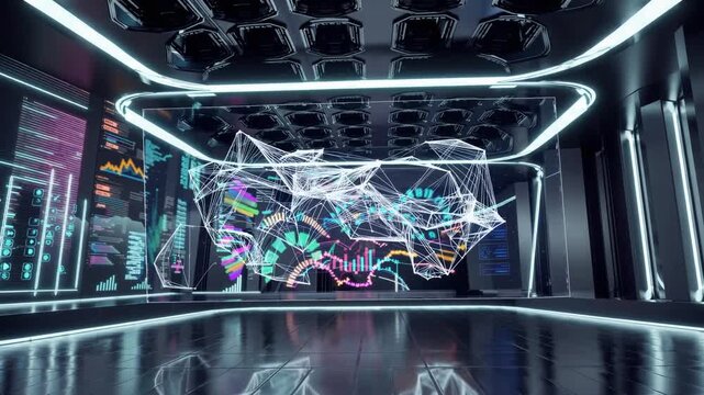 Futuristic digital environment showcases advanced data visualization in a sleek tech space