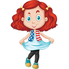 Cheerful young girl with red wavy hair and blue eyes wearing a light blue dress with American flag accents and dark leggings posing playfully on a transparent background