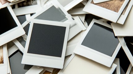 A collection of scattered, empty photo frames and film slides, creating a nostalgic ambiance of memories and moments captured.