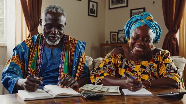 Traditional couple engages in financial planning at home while sharing a special moment