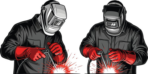 Two welders with masks and gloves welding with bright sparks