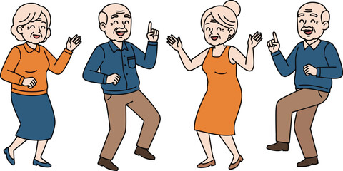 Four cartoon elderly people dancing and smiling on white background