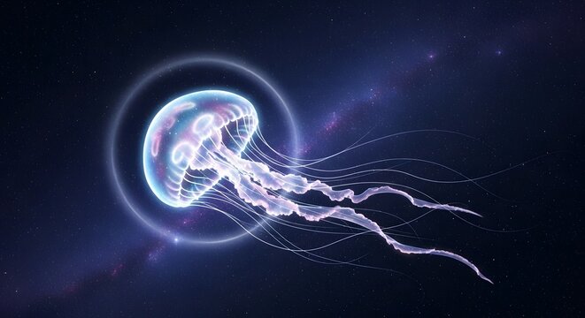 A luminous jellyfish floating in the dark depths of the ocean with bioluminescent glow and long trailing tentacles - Powered by Adobe