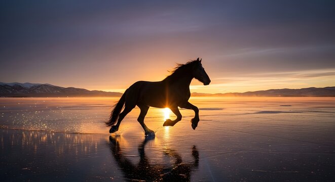 A majestic horse gallops across a reflective body of water during a vibrant sunset, creating a stunning silhouette against the colorful sky