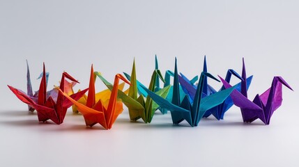 Studio shot of folded paper origami cranes on a bright white surface, art theme.