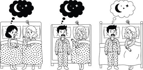 Three couples in beds with different night time thought bubbles