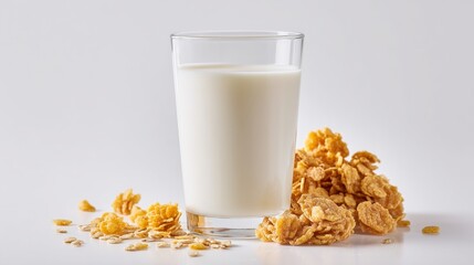 Studio shot of a glass of milk with cereal pieces beside it on white background.