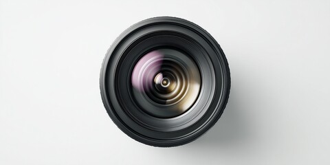 Top-down view of a modern camera lens on a pure white surface, clean reflections.