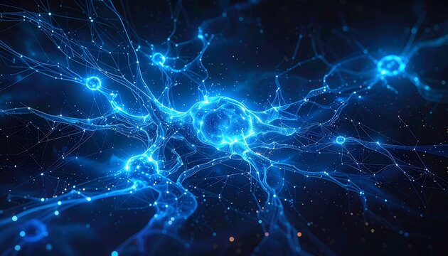 Abstract neural network with glowing nodes and connected lines against a dark background