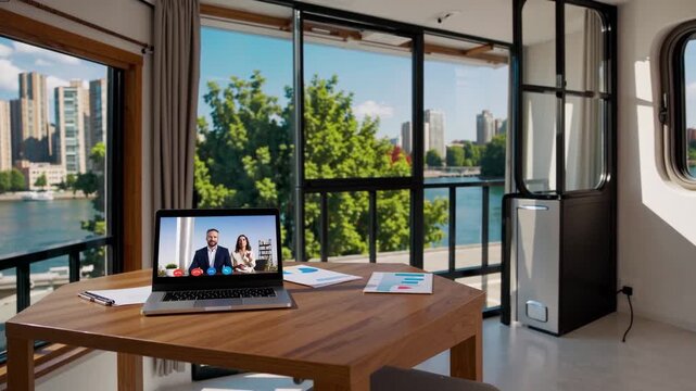 Remote work setup with urban view and video call on laptop by the riverside