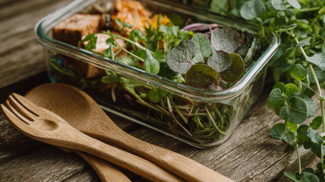 Healthy Plant-Based Salad in Glass Jar with Wooden Cutlery - Powered by Adobe