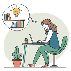 Business woman cartoon vector illustration of a girl working on a laptop computer at an office desk