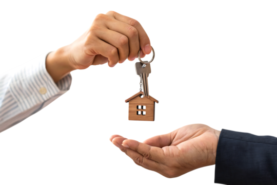 Hands, exchanging a house key with a wooden house charm, cutout, PNG isolated on transparent background - Powered by Adobe