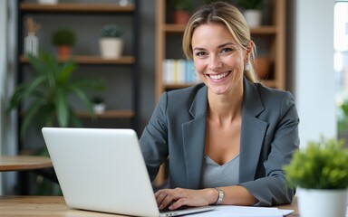 Happy busy mature business woman entrepreneur in office using laptop at work, smiling professional middle aged female company executive manager working looking at computer at workplace. High quality
