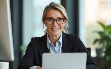 Older generation and modern tech, workflow in office, happy successful businesslady portrait, achievement concept. Optimistic middle-aged businesswoman sit at desk with laptop smile staring at camera