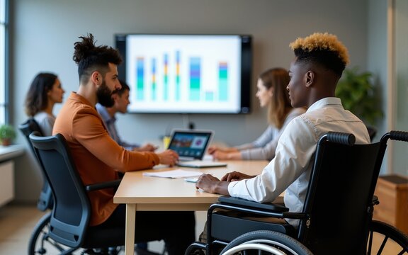 Diverse business team with colleague in wheelchair analyzing data dashboard in inclusive workplace meeting. High quality