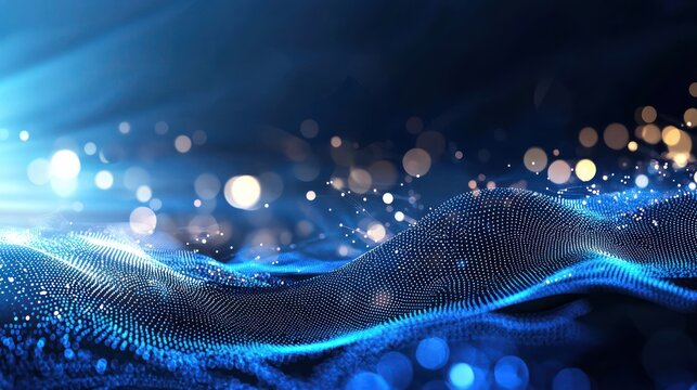 Futuristic Blue Digital Wave: Abstract Particle Grid, Big Data Flow, and Technology Background