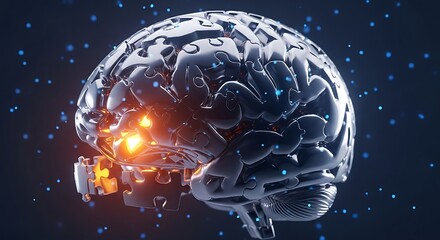 3D brain as complex jigsaw with glowing pieces symbolizing ideas,artificial intelligence, neural complexity, and the fusion of human cognition with advanced technology."