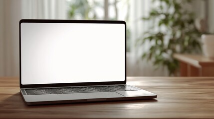 A sleek laptop sits on a wooden table, featuring a blank screen and surrounded by a bright, airy environment with greenery in the background.