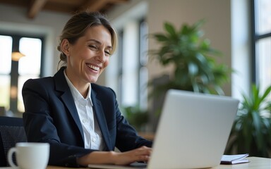 Happy mature business woman entrepreneur in office using laptop at work, smiling professional middle aged 40 years old female company executive wearing suit working on computer. Genrative.ai