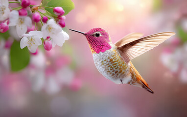 Obraz premium Vibrant hummingbird hovers near delicate pink and white flowers, showcasing beauty of wild animals in nature. scene captures essence of spring with soft bokeh in background