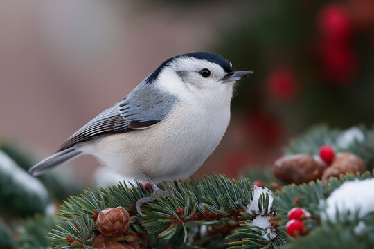 Winter nuthatch on snowy pine branch with red berries and pinecones