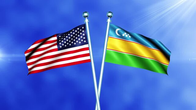 USA and Karakalpakstan Flag Waving On Pole Loop