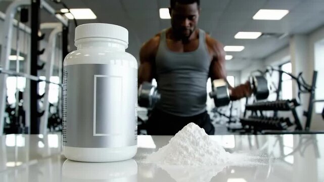 A blank supplement bottle and powder sit on a table, with a strong male athlete lifting dumbbells in the blurred gym background. Focuses on sports nutrition and product placement. - Powered by Adobe