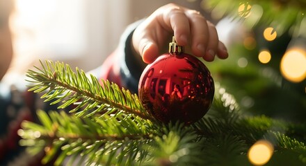 Close-up shot of a child's hand placing a red Christmas ornament on a decorated tree branch.