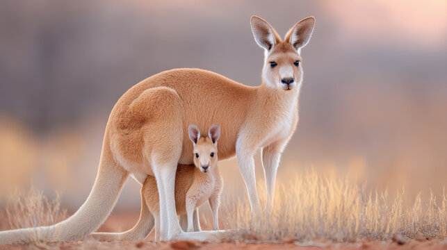 Mother kangaroo stands protectively with her joey nestled close, showcasing beauty of wild animals in their natural habitat. This heartwarming scene captures essence of nurturing and wildlife