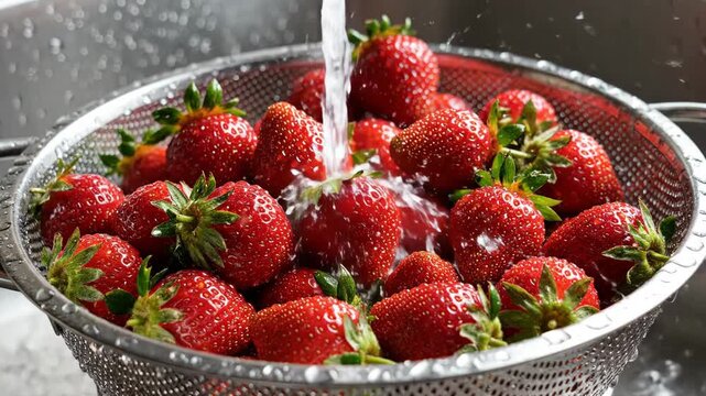 Ripe strawberries being rinsed with running water in a metal strainer