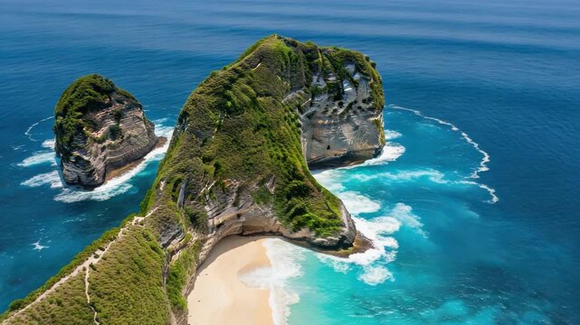 Aerial panorama of the famous kelingking beach on nusa penida island bali. A tropical paradise with a secluded white sand cove and turquoise ocean for summer vacation travel