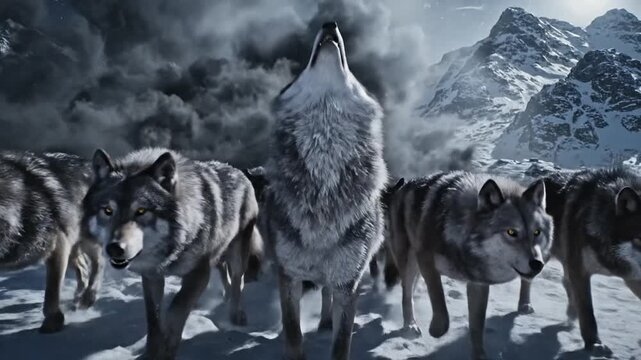 Majestic Wolf Pack Surrounded by Isolated Black Smoke, Embracing the Spirit of the Wilderness, Mystical Wildlife Concept, Symbolic Nature Scene, and Dramatic Forest Atmosphere